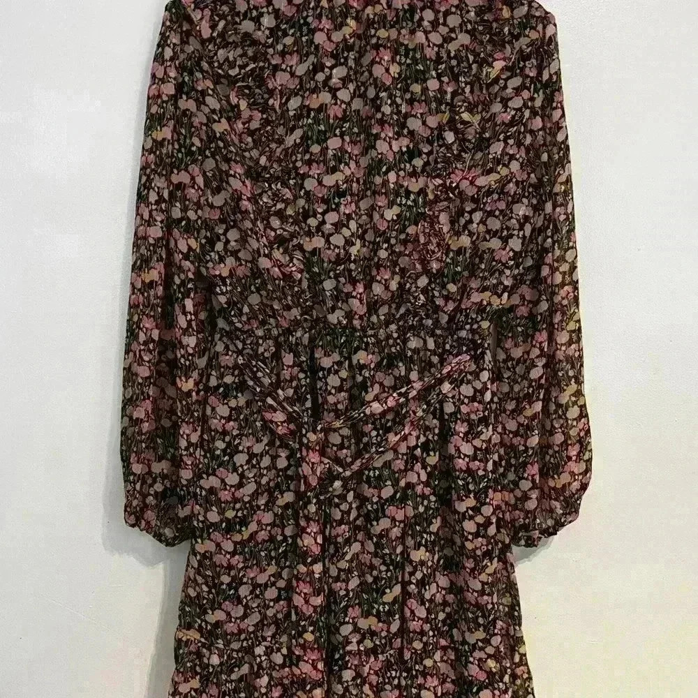 Lauren Conrad Women’s Black And Pink Floral Wrap Dress With Ruffle Detail Large - Picture 2 of 7